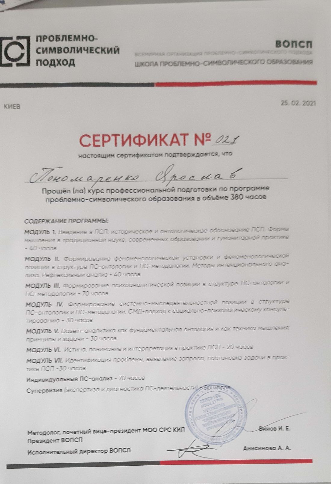 Программа проблемно-символического образования, 380 часов. ВОПСП, Киев, 25 февраля 2021.